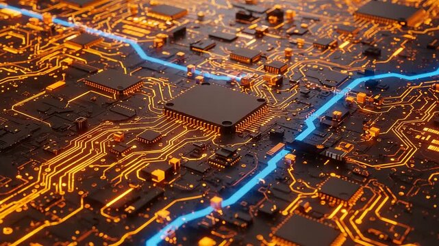 Close-up of intricate circuit board with glowing lines