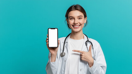 Smiling female doctor pointing at a smartphone with a blank screen. Ideal for medical app mockups, healthcare tech, telemedicine, or digital health promotions in clinical settings.