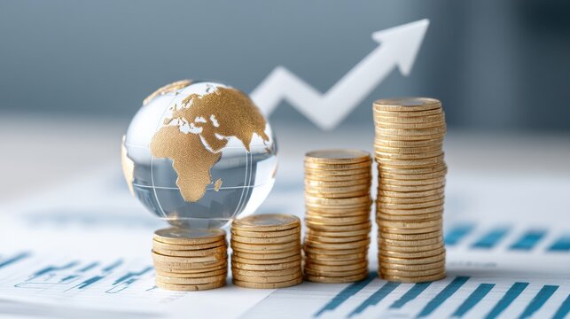 Global trade small business. Financial growth concept with globe and stacked coins against a rising graph.