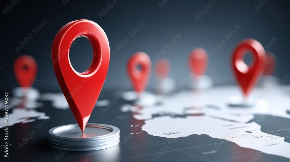 Poster global trade small business. red location pins on a world map, symbolizing navigation and mapping te