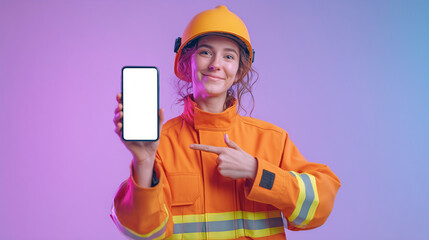 Smiling female firefighter pointing at a smartphone with a blank screen. Ideal for safety apps, emergency services, or mobile mockups with a heroic and friendly touch.