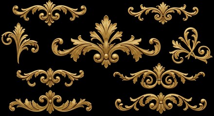 Golden ornate Baroque embellishments spread against black backdrop create visual interest with intricate floralleaf designs