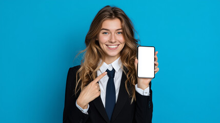 Smiling businesswoman pointing at a smartphone with a blank screen. Ideal for app mockups, digital marketing, mobile technology, or business presentations with a modern touch.