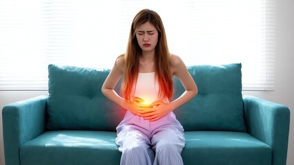 Fototapeta premium A young woman showing a pained expression of abdominal pain