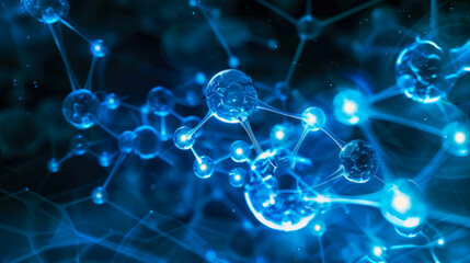 Abstract blue molecular structure, representing science, chemistry, or biotechnology concepts.