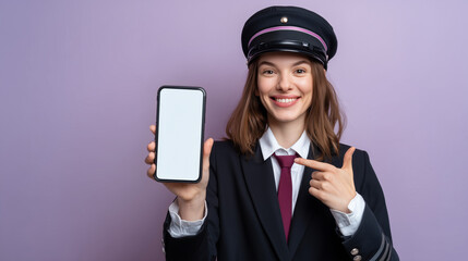 Smiling female train driver pointing at a smartphone with a blank screen. Ideal for app mockups, transportation tech, or promotional content in a transit or railway setting.