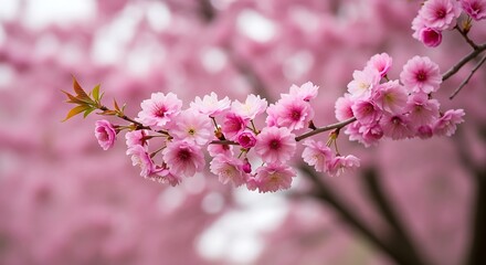 Delicate Pink Cherry Blossoms Branch, Soft Focus, Springtime Serenity, Romantic Floral Background