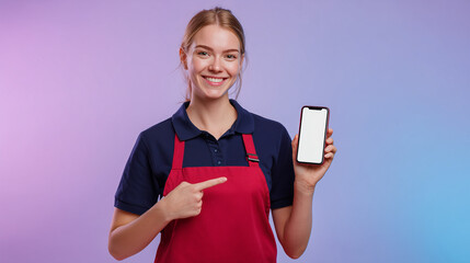 Smiling female cashier pointing at a smartphone with a blank screen. Perfect for app mockups, mobile payment concepts, or retail advertising in a modern business environment.