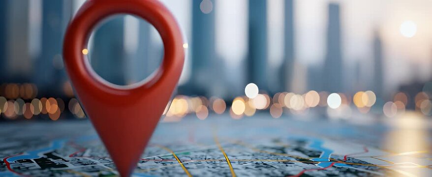 A red map marker on a city map.  Bokeh effect from city lights