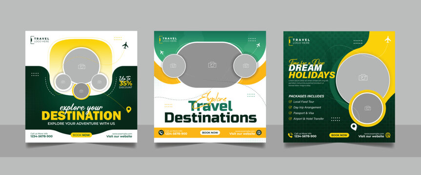 Travel agency tour packages social media post set holiday vacation trip square web banner template  travelling business bundle design