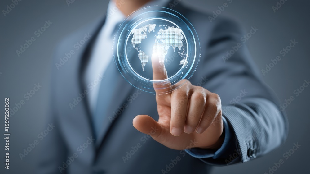 Poster global trade small business. businessman interacting with a digital world map interface using a touc