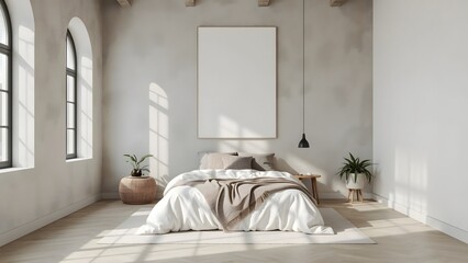 Serene Minimalist Bedroom:  Sunlit White Bed, Neutral Decor, Mockup Poster,  Natural Light.