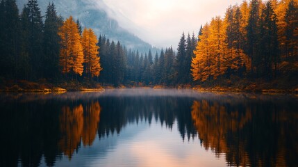 Obraz premium Autumnal Forest Landscape Reflected in Calm Lake Water, Misty Mountain Backdrop