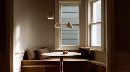 Fototapeta premium Sunlit window seat with built in bench round table and three pendant lights