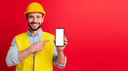 Smiling male construction worker pointing at a smartphone with a blank screen. Ideal for app mockups, construction tech, or promotional content in industrial or labor settings.