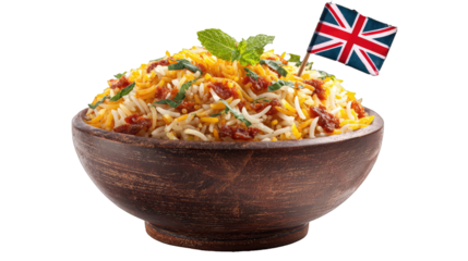 Authentic british biryani recipe in wooden bowl with union jack flag