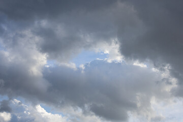 A wide shot of a sky filled with various shades of grey and dark clouds, suggesting an impending storm