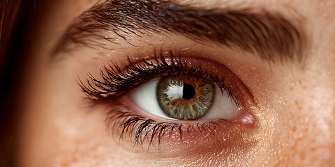 close-up of a woman's eye with long eyelashes and defined eyebrow - beauty, fashion, makeup, cosmetics, glamour, eyelash extensions, lash lift, eyebro