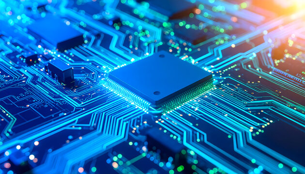 Glowing blue circuit board with central processor and warm light accents