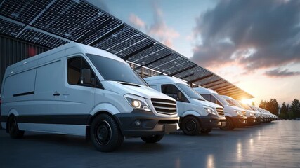 Fleet of White Delivery Vans Parked in Modern Facility Under Solar Panels, Showcasing Efficient Logistics and Sustainable Transportation Solutions - Powered by Adobe