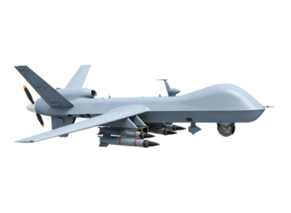 Military drone front view isolated on transparent background