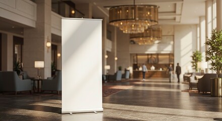 Blank retractable banner stands in a hotel lobby with chairs chandeliers and a reception desk in the background