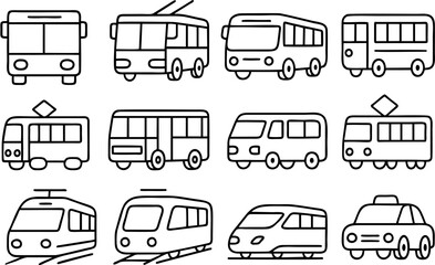 A modern Transport K vector icon set featuring various transport vehicles and logistics symbols in clean, minimal line style. Ideal for apps, infographics, and web design.

