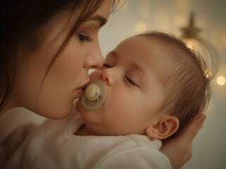 The child is sound asleep in his mother's arms, demonstrating a tender moment of parental affection and love. The close-up highlights the emotional bond between child and parent.