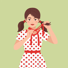 Girl Tying Ribbon Bow Around Neck Wearing Polka Dot Dress