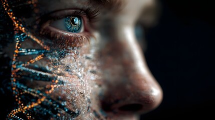 Close up of face with digital DNA overlay for science, technology, and healthcare concept