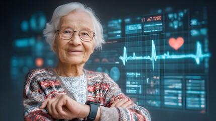 Smiling senior woman monitors her health with a smart watch and digital heart display
