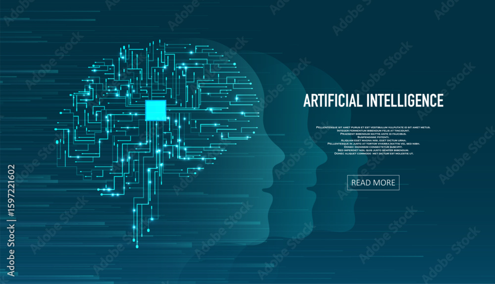 Poster artificial intelligence illustration of brain. machine learning concept. abstract glowing brain conn