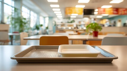 Empty tray with container on cafeteria table in a bright sunny school dining hall ready for lunch