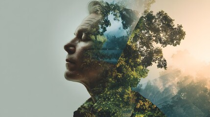 Thoughtful man with double exposure of leafy trees merging with his face profile