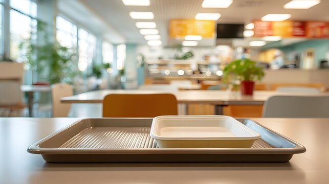 Empty tray with container on cafeteria table in a bright sunny school dining hall ready for lunch
