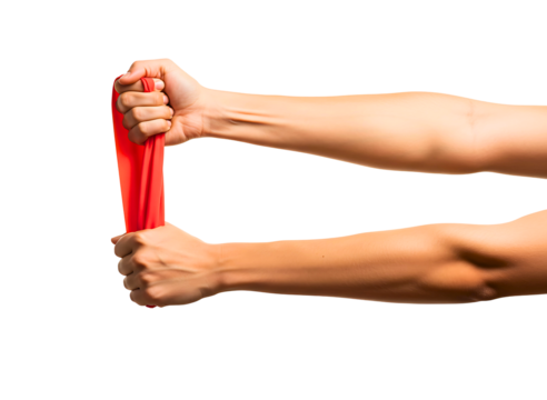 Two hands pulling a red resistance band isolated on transparent background