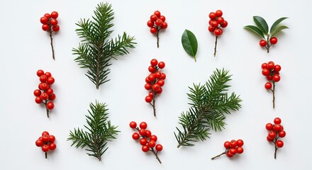 Sprigs of evergreen and clusters of red berries are scattered on a white surface