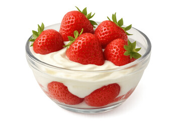 Ripe strawberries crowning creamy yogurt, presenting nutritious red-and-white dessert against clean transparent backdrop
