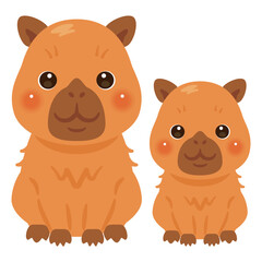 お座りしたカピバラの親子イラスト