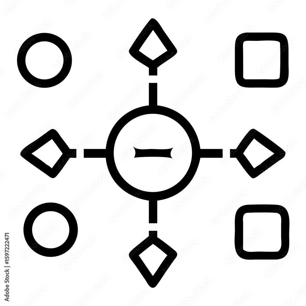 Poster geometric shapes arranged around a central circle with a horizontal line inside it in black outline 