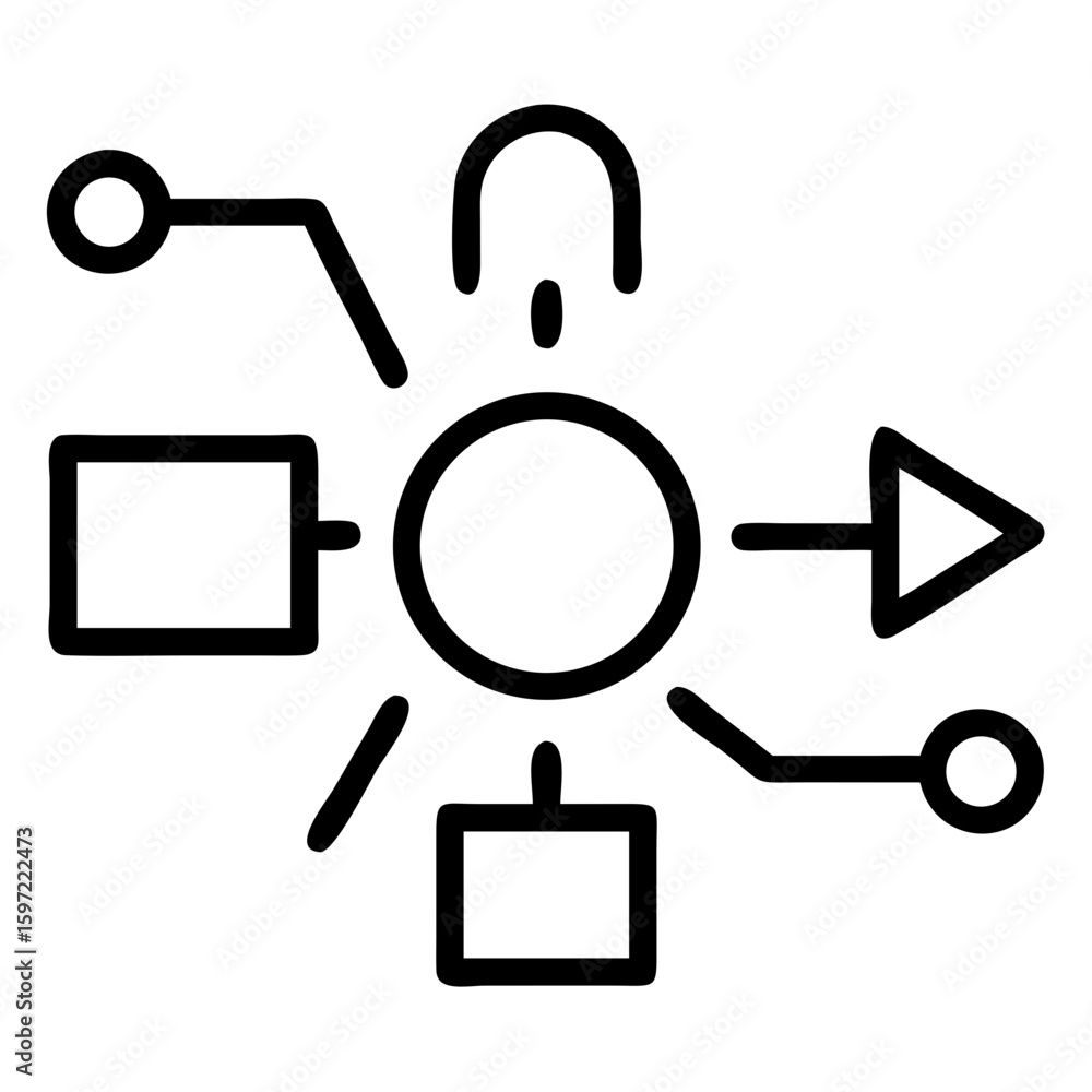 Poster vector illustration of a central circle connected to a square, arrow, and circles by lines in a netw