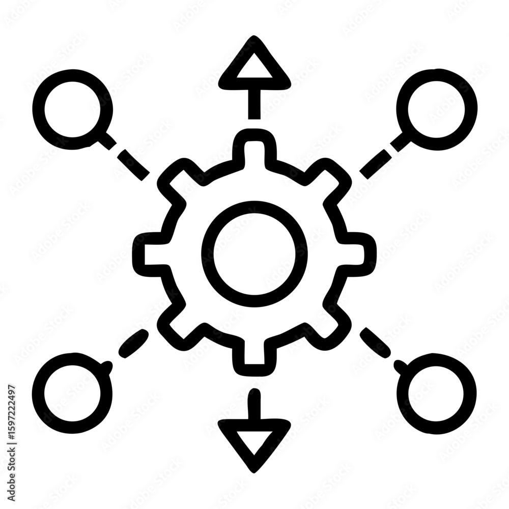 Poster gear mechanism with arrows and circles connected by dashed lines in a network configuration diagram