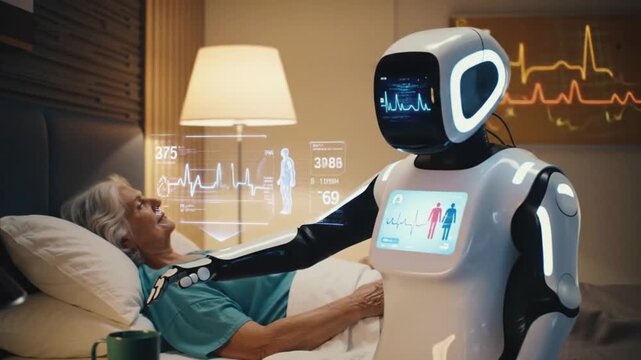 A futuristic robot gently touches an elderly woman in bed, monitoring her health data.
