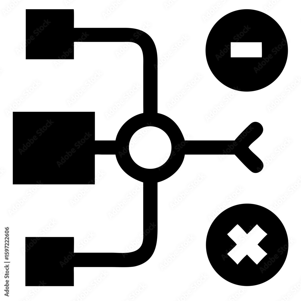 Poster major components and functions icon, diagram showing connected squares and circles with plus and min