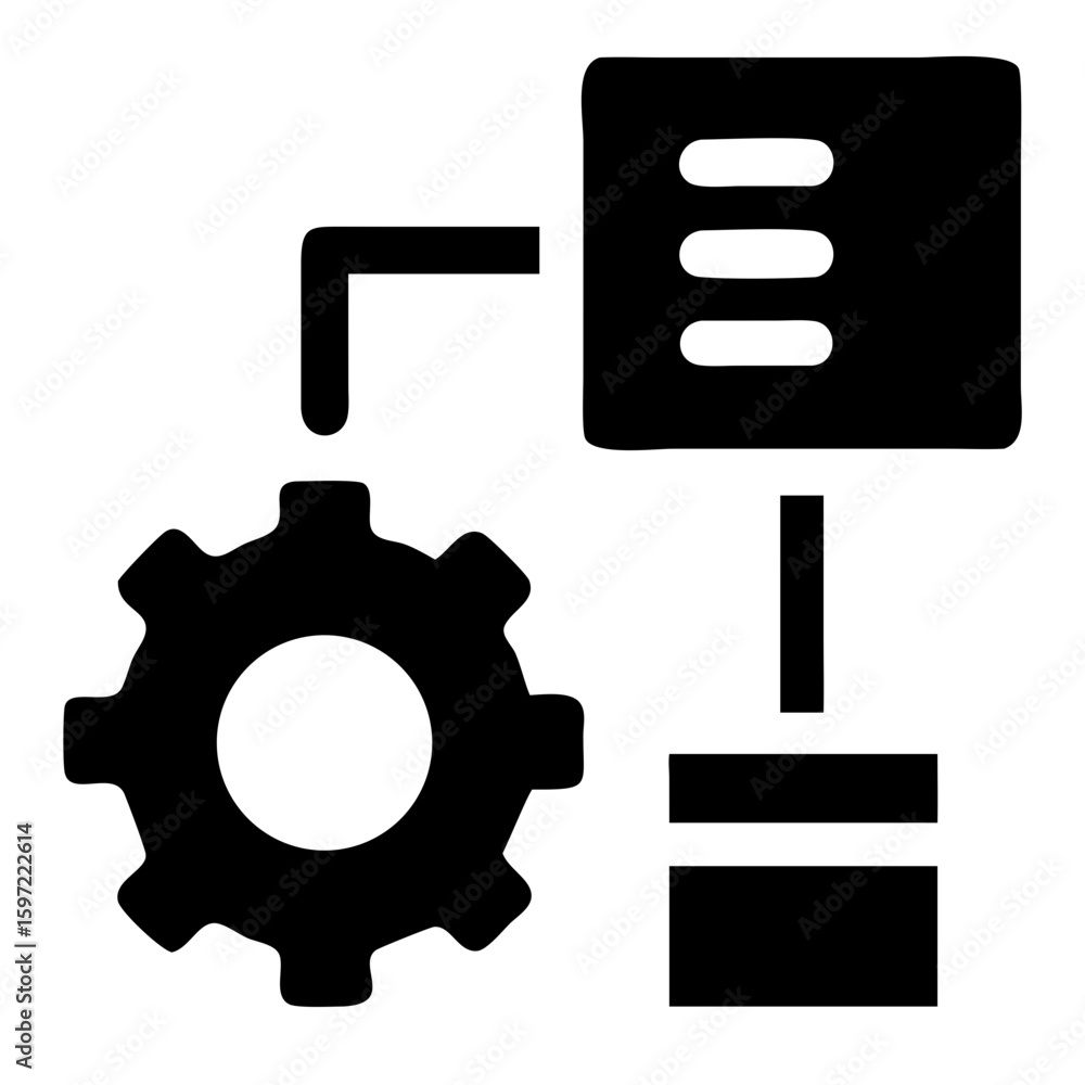 Poster vector illustration of a black gear connected to a server and a smaller database on a transparent ba