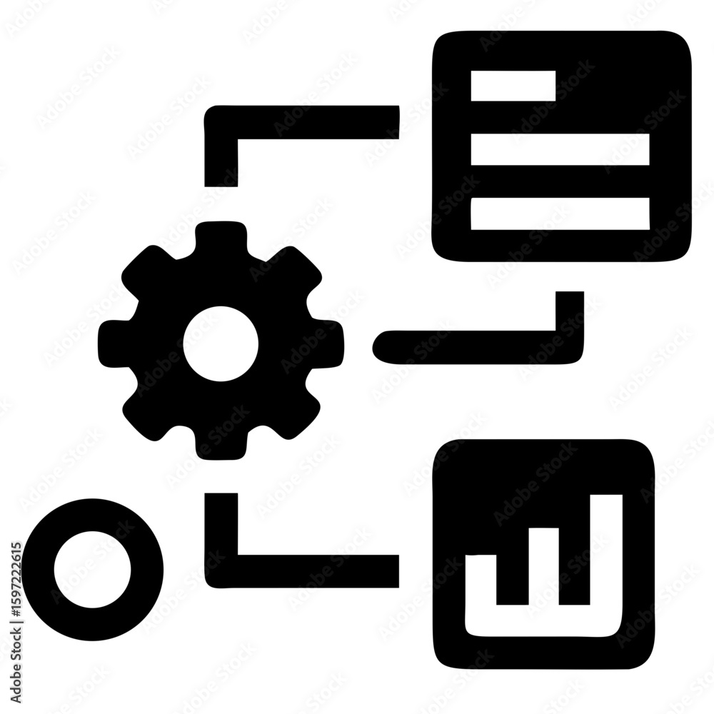 Poster vector illustration of a process flow with a gear, data table, and chart connected by lines and a ci