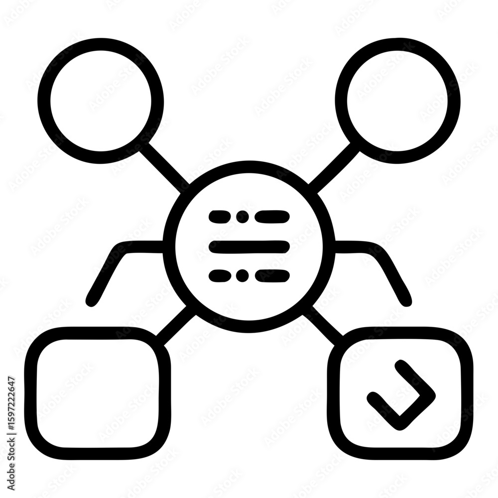 Poster outline diagram with circles squares and a central node showing lines and an arrow icon present