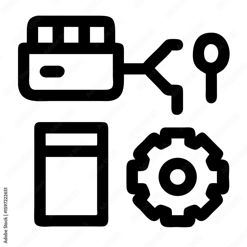 Poster vector illustration of a rectangular device with three squares on top connected to a tuning fork sha