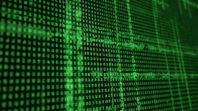 Abstract representation of digital data streams flowing across a technological interface, showcasing a complex matrix of binary code in vibrant green hues.