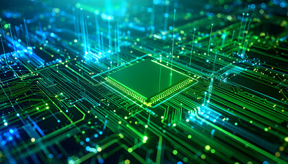 Glowing green circuit board with intricate pathways and vibrant light trails